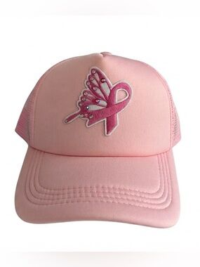 Handmade Pink Breast Cancer Awareness Butterfly Ribbon Rhinestone Trucker Hat
